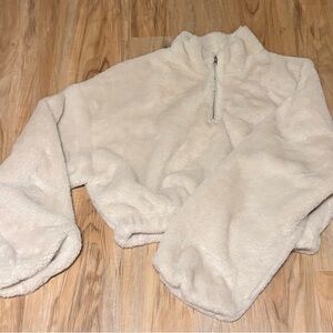 Bershka Cream Half Zip Fleece Crop Sweatshirt
